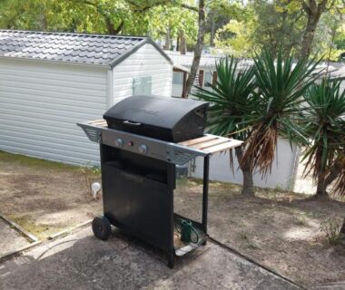 Terrasse avec barbecue et végétation devant le Mobil Home sans vis a vis