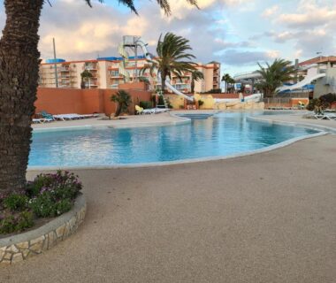 Piscine extérieure avec toboggans et palmiers au Mobil Home spacieux Camping Mar Estang 4*