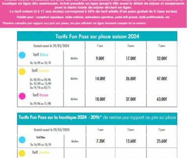 Brochure tarifs et tableau de prix au camping pour Mobil Home tout confort dans le Domaine de Dugny