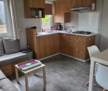 Salon et kitchenette dans le mobil-home 28 m2 deux chambres et terrasse