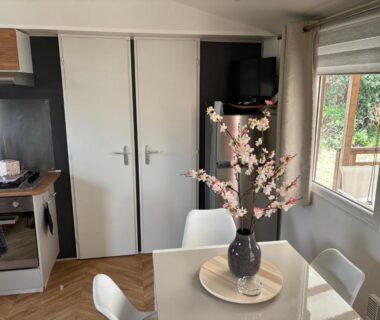 Intérieur avec table et vase au mobil home 291 camping 4 etoiles Siblu lattes