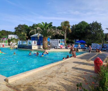 Piscine extérieure avec palmiers et baigneurs au Mobil home
