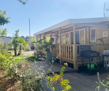 Terrasse en bois avec végétation au Mobil home 3 chb tout confort Espace Enfants Claouey Cap Ferret