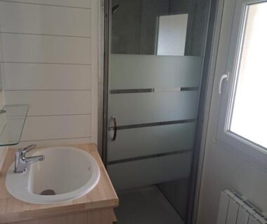 Salle de bain avec douche et lavabo dans le Mobil-home 323