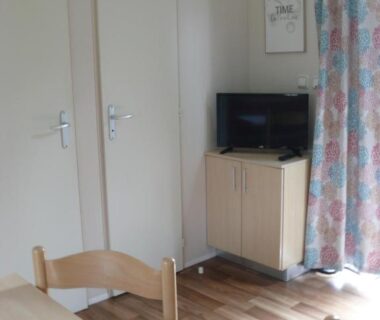 Coin séjour avec télévision et table dans le Mobil-home 4-6 personnes Camping de Bairon 08 en bord de lac