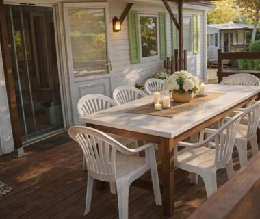 Terrasse en bois avec table et chaises du Mobil-home 4 personnes