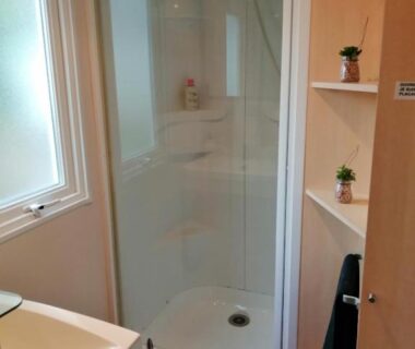 Salle de bain avec cabine de douche et lavabo dans le Mobil home 5 pers proche d'Europa Park E020