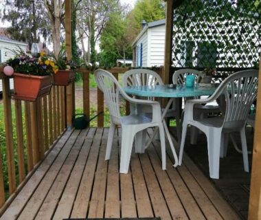 Terrasse couverte avec table chaises et plantes du Mobil home 5 pers proche d'Europa Park E020