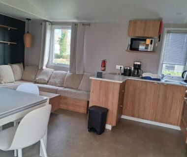 Séjour avec canapé, table et kitchenette dans le Mobil home 590