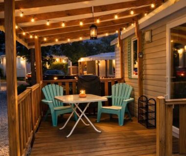 Terrasse éclairée avec fauteuils et table du Mobil-home 6 pers Climatisé avec piscines