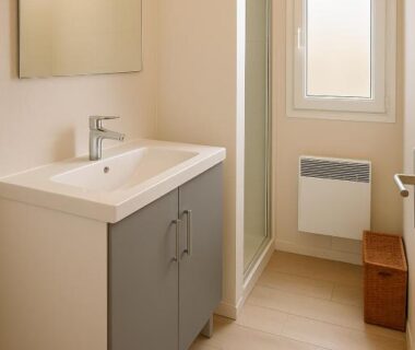 Salle de bain avec lavabo miroir et douche du Mobil-home 6 pers tout confort Clim piscine et animations