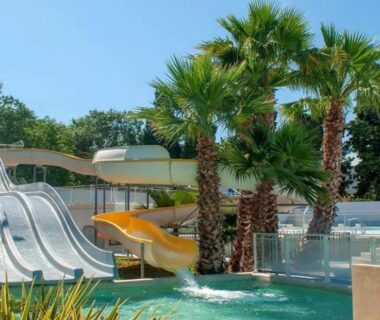 Piscine avec toboggans et palmiers au Mobil-home 6 pers tout confort Clim piscine & animations