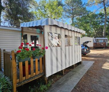 Allée ombragée avec terrasse et jardinière de fleurs rouges du mobil home 6 personnes