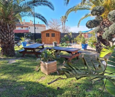 Jardin avec tables et palmiers au mobil home 6 personnes