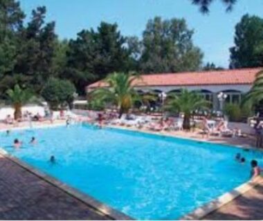 Piscine extérieure avec transats et palmiers au Mobil home 6 personnes à 400m de la mer