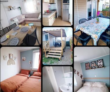 Terrasse et intérieur avec salon cuisine et chambres du Mobil-home 6 personnes valras-plage camping 4 étoiles