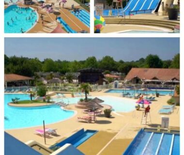 Parc aquatique avec toboggans et piscine du Mobil home 693 à la réserve 8 personnes avec terrasse couverte