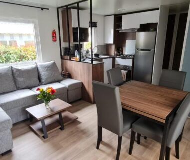 Séjour avec canapé, coin repas et kitchenette dans le Mobil home 693 à la réserve 8 personnes avec terrasse couverte