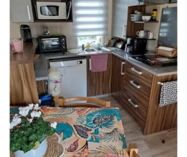 Intérieur cuisine équipée et coin repas du Mobil home