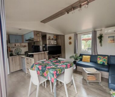 Séjour avec coin repas canapé et télévision dans le mobil home Ecrin de Sérénité