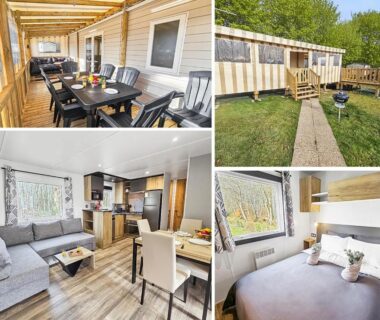 Terrasse couverte avec table et chaises du mobil home 8 personnes Confort et Tranquillité