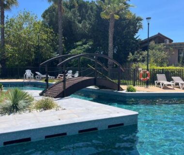 Piscine avec pont en bois et palmiers au mobil-home Camping La Marine B038