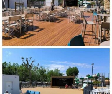 Terrasse en bois avec salons et tables du Mobil home Camping La Marine
