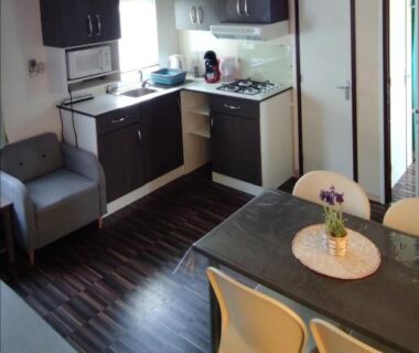 Intérieur avec coin cuisine et salon du Mobil home Camping Les Embruns 4 étoiles