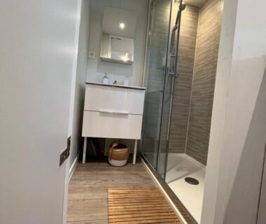 Salle de bain avec douche et lavabo dans le Mobil-home Camping Oasis