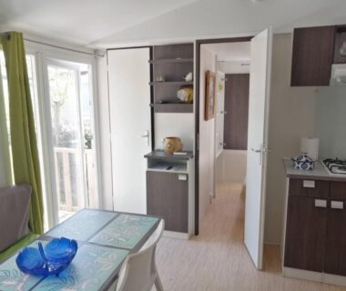 Séjour avec coin repas et kitchenette du Mobil home Chez 118 Alain