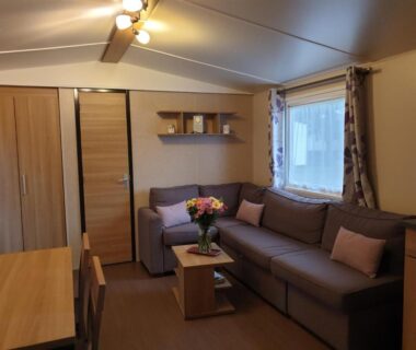 Salon avec canapé et table basse dans le mobil-home Confort camping le bois Masson