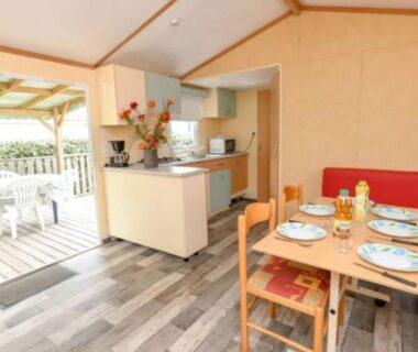 Intérieur avec kitchenette coin repas et terrasse du Mobil-home Confortable avec Terrasse pour 6 pers API-1-52-1642