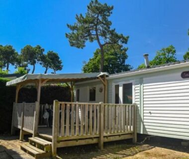 Terrasse en bois entourée de pins du Mobil-home Confortable avec Terrasse pour 6 pers API-1-52-1642