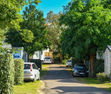 Allée de camping bordée de mobil-homes et voitures au Mobil-home Confortable avec Terrasse pour 6 pers. API-1-52-1642