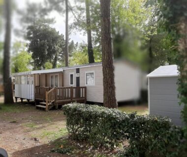 Emplacement ombragé avec mobil-home et terrasse du Mobil-home Le Bora Bora 202
