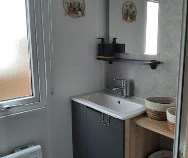 Salle d'eau avec lavabo miroir fenêtre et rangements du mobil-home Le Bora Bora 202