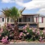 Façade avec palmiers et massifs fleuris du mobil home Mon Oasis de rêves Les Palmiers
