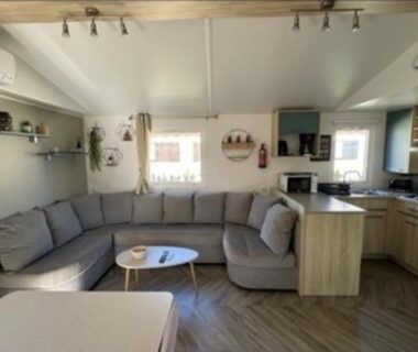 Salon ouvert avec canapé et kitchenette dans le mobil home Mon Oasis de rêves Les Palmiers