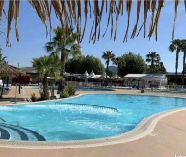 Piscine extérieure avec palmiers et transats au Mobil-home Paradis Bleu