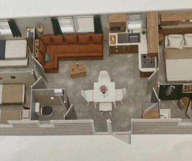 Plan intérieur montrant salon cuisine et trois chambres du Mobil-home Paradis Bleu