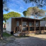 Mobil-home sur terrasse en bois sous pins au Mobil-home Premium 6 couchages Camping La Marine 4 étoiles Homair