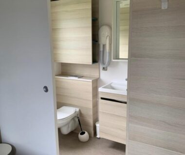 Salle de bain avec toilette lavabo et meuble dans le Mobil home Premium