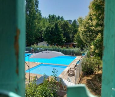 Piscine extérieure avec parasols et transats vue depuis volets verts au Mobil-home Riviera