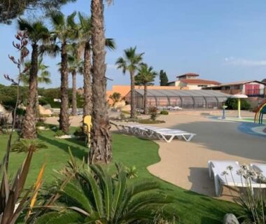 Espace piscine avec palmiers et transats du mobil-home SOLEIA MAR ESTANG SIBLU VILLAGE
