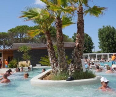 Piscine lagon avec palmiers et baigneurs au Mobil home au Castellas Marseillan