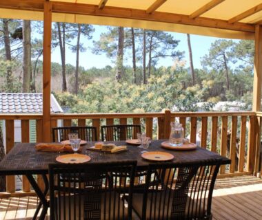 Terrasse en bois avec table dressée dans le mobil-home au cœur des pins by Siblu Les Embruns Lège Cap Ferret