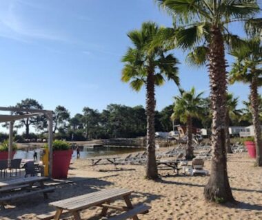 Terrasse sablonneuse avec palmiers et transats au mobil home avec terrasse proche plages Cap-Ferret Camping 4 étoiles Les Viviers