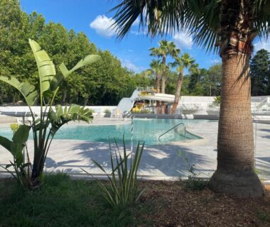Piscine chauffée avec palmiers et toboggan du Mobil-home camping 3 étoiles 6 couchages climatisé avec piscine chauffée