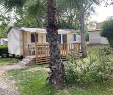 Allée et terrasse avec palmiers au mobil-home camping 3 étoiles 6 couchages climatisé avec piscine chauffée