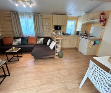 Intérieur avec coin salon et kitchenette dans le Mobil home camping Lalande Mimizan
